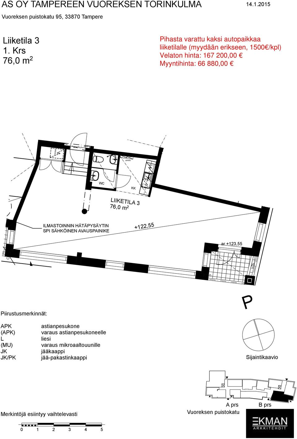 Piirustusmerkinnät: +123,00 (+123,18) P astianpesukone () varaus astianpesukoneelle liesi varaus mikroaaltouunille jääkaappi /PK jää-pakastinkaappi (/PA) varaus