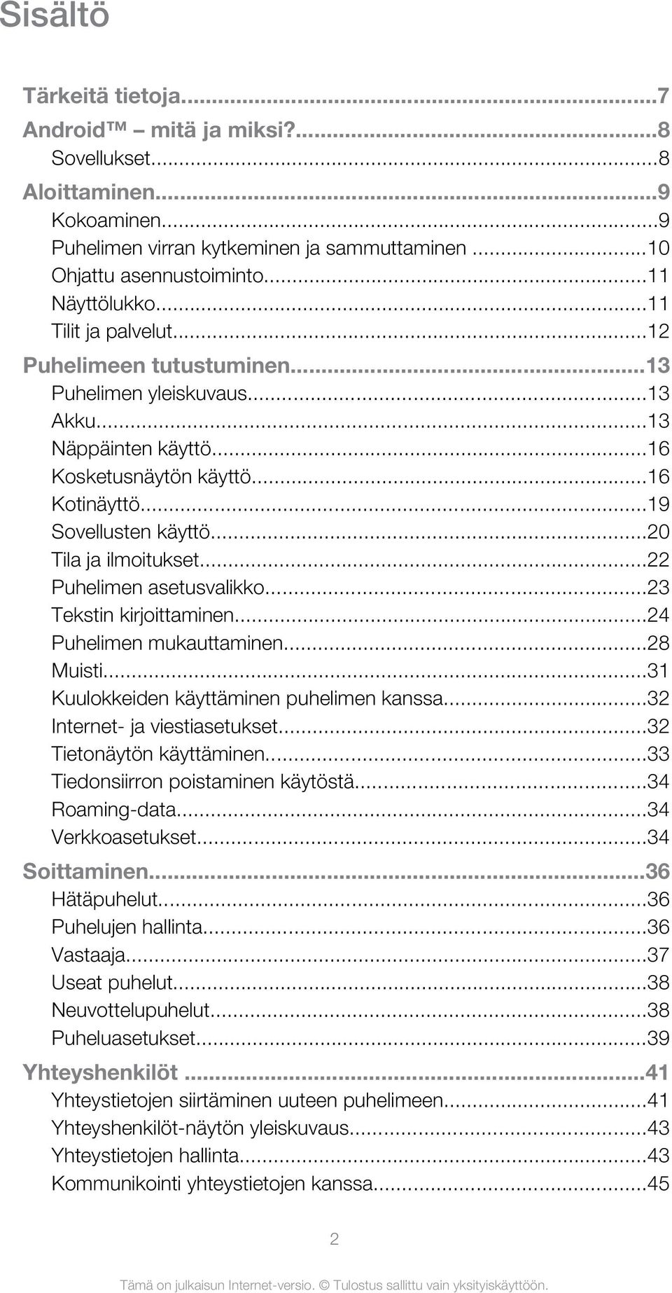 ..20 Tila ja ilmoitukset...22 Puhelimen asetusvalikko...23 Tekstin kirjoittaminen...24 Puhelimen mukauttaminen...28 Muisti...31 Kuulokkeiden käyttäminen puhelimen kanssa.