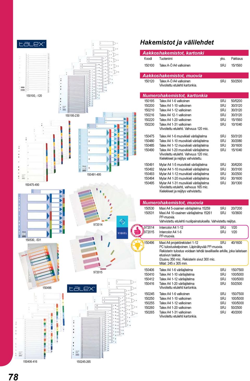 Numerohakemistot, kartonkia 150195 Talex A4 1-6 valkoinen SRJ 50/5200 150200 Talex A4 1-10 valkoinen SRJ 30/3120 150210 Talex A4 1-12 valkoinen SRJ 30/3120 150216 Talex A4 12-1 valkoinen SRJ 30/3120
