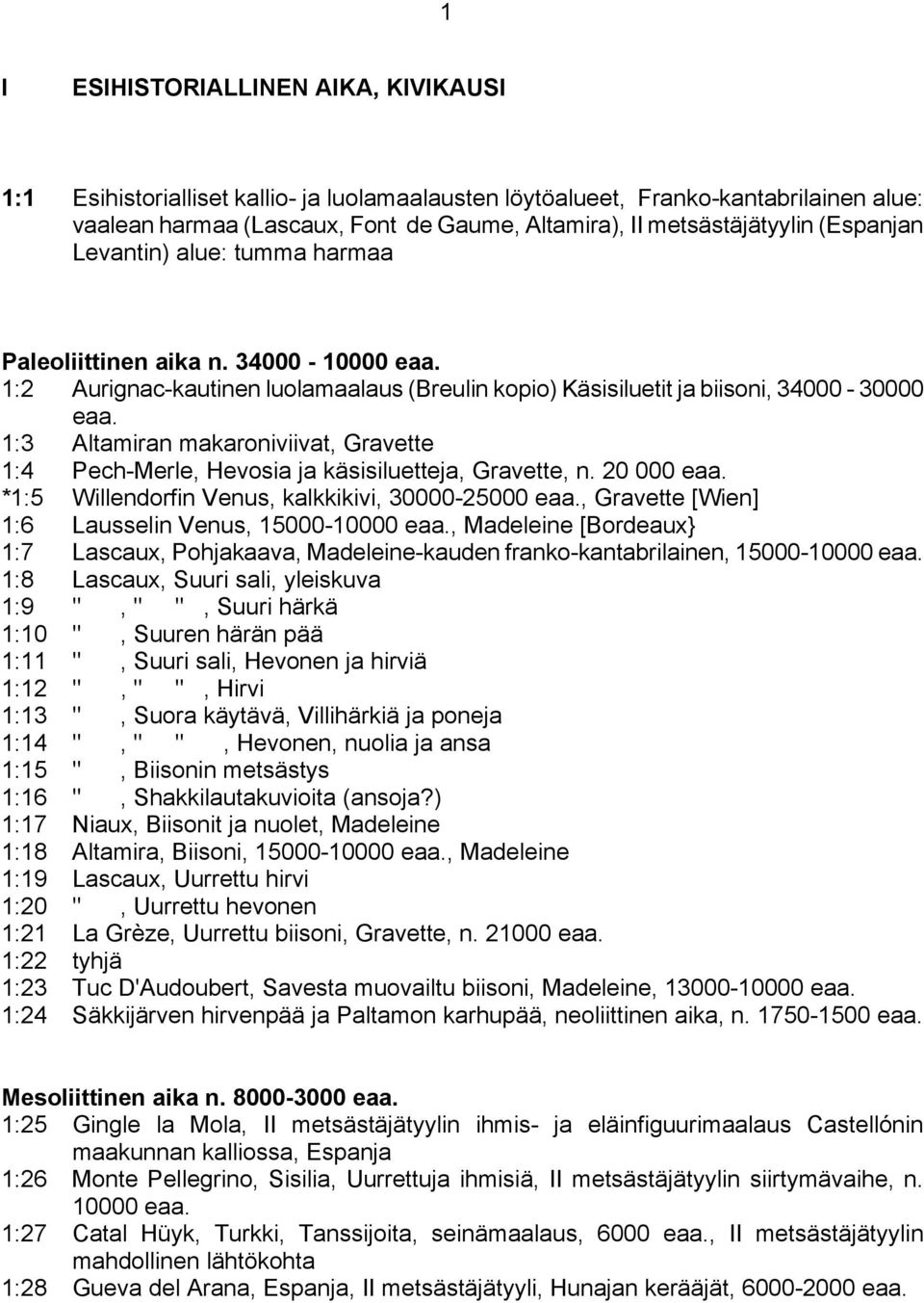 1:3 Altamiran makaroniviivat, Gravette 1:4 Pech-Merle, Hevosia ja käsisiluetteja, Gravette, n. 20 000 eaa. *1:5 Willendorfin Venus, kalkkikivi, 30000-25000 eaa.