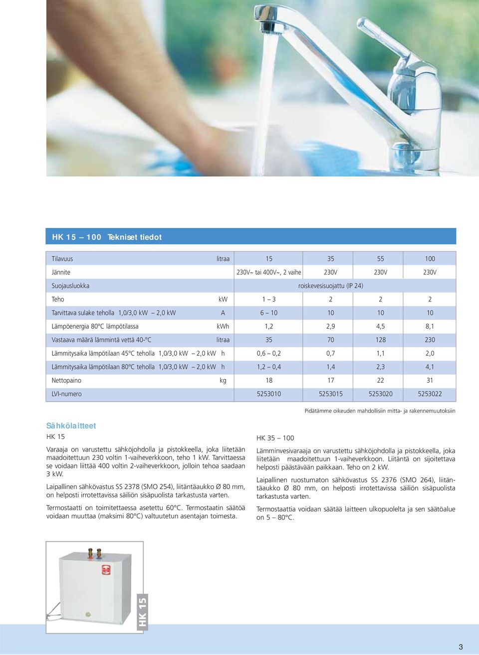 0,7 1,1 2,0 Lämmitysaika lämpötilaan 80 C teholla 1,0/3,0 kw 2,0 kw h 1,2 0,4 1,4 2,3 4,1 Nettopaino kg 18 17 22 31 LVI-numero 5253010 5253015 5253020 5253022 Pidätämme oikeuden mahdollisiin mitta-