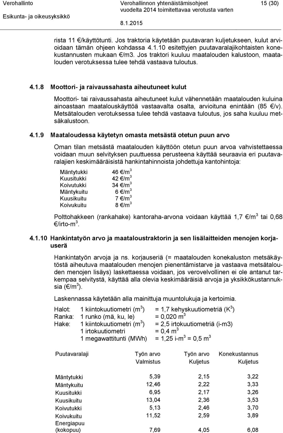 8 Moottori- ja raivaussahasta aiheutuneet kulut Moottori- tai raivaussahasta aiheutuneet kulut vähennetään maatalouden kuluina ainoastaan maatalouskäyttöä vastaavalta osalta, arvioituna enintään (85