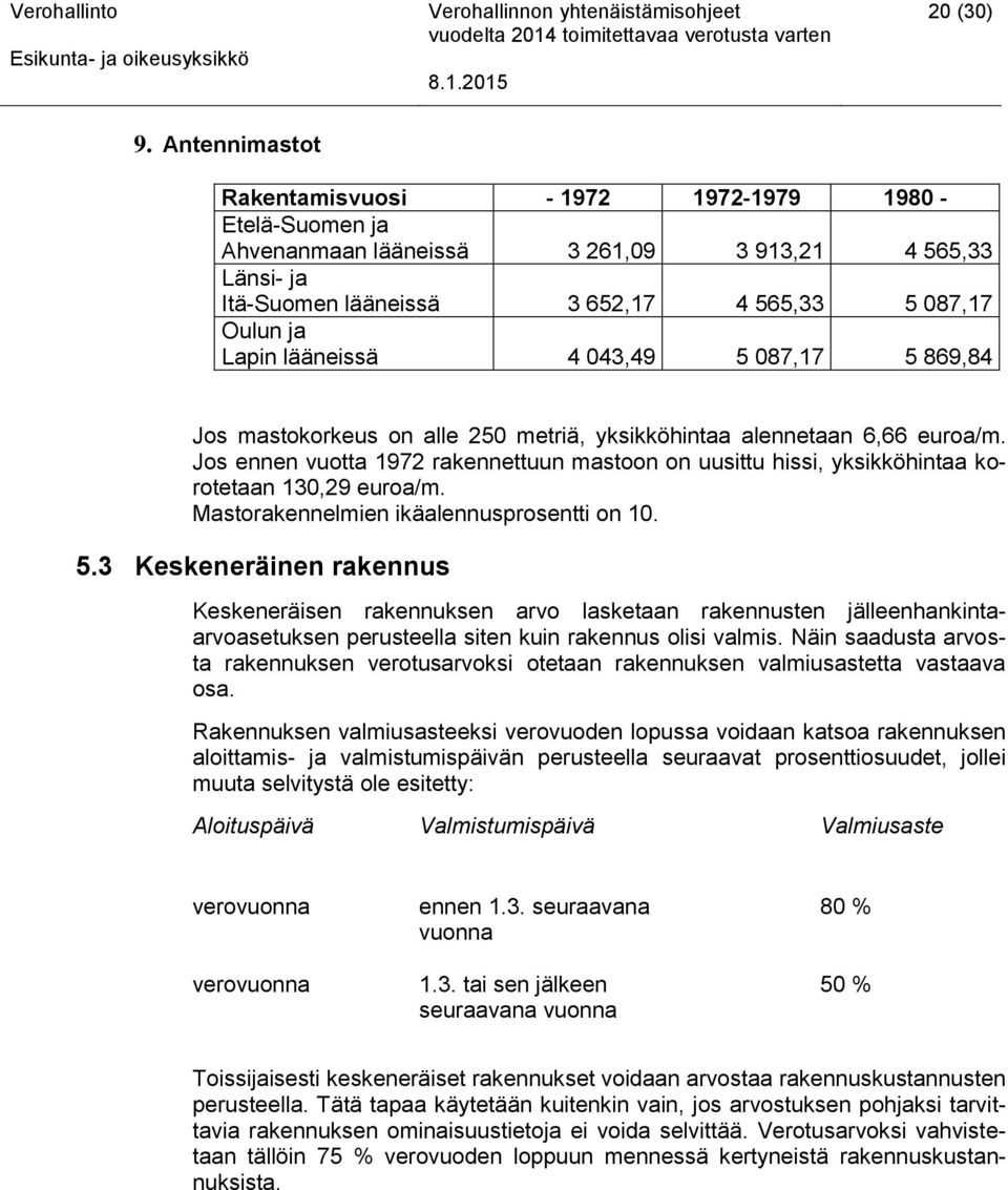 lääneissä 4 043,49 5 087,17 5 869,84 Jos mastokorkeus on alle 250 metriä, yksikköhintaa alennetaan 6,66 euroa/m.