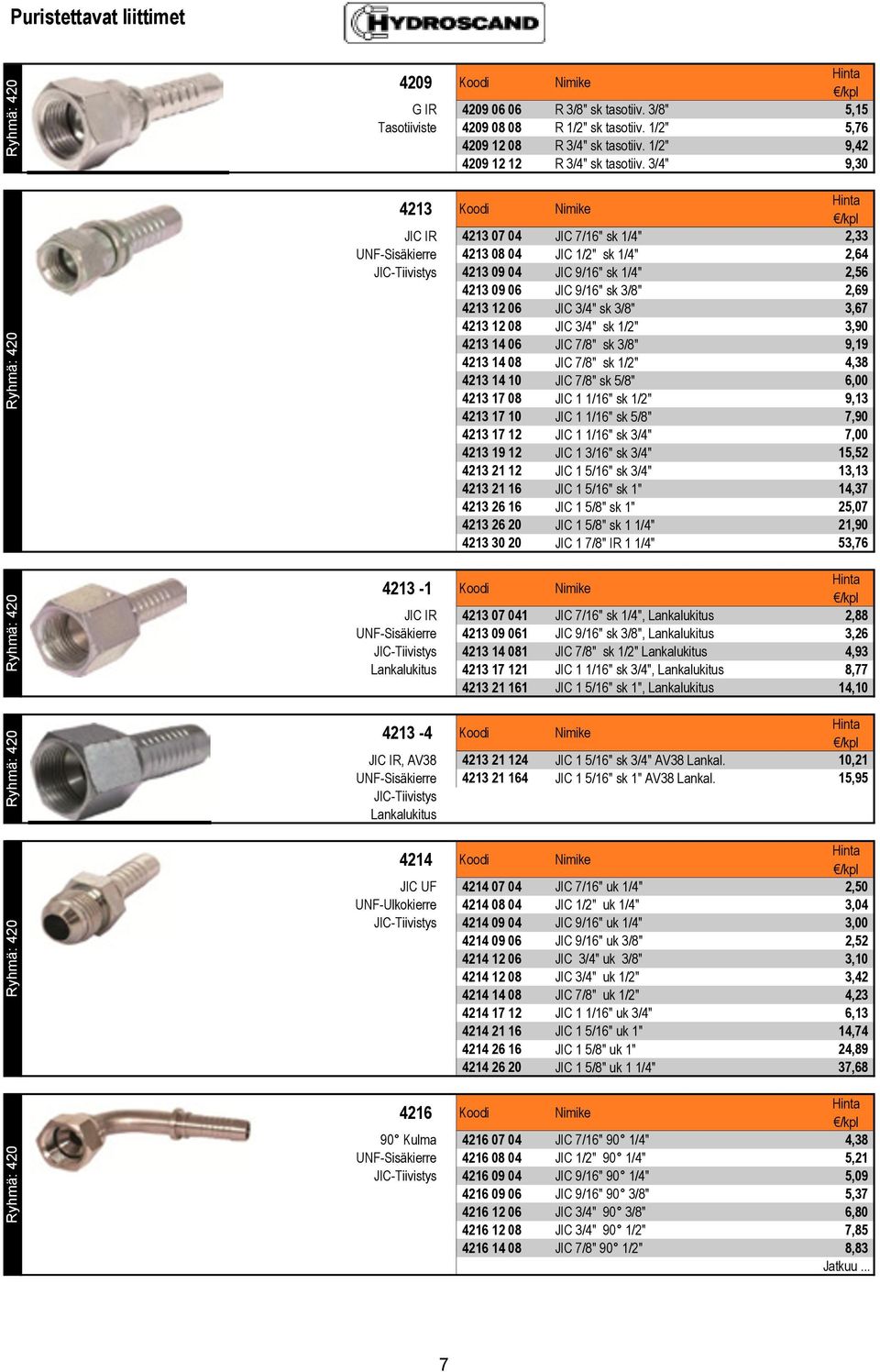 3/4" 9,30 4213 Koodi Nimike JIC IR 4213 07 04 JIC 7/16" sk 1/4" 2,33 UNF-Sisäkierre 4213 08 04 JIC 1/2" sk 1/4" 2,64 JIC-Tiivistys 4213 09 04 JIC 9/16" sk 1/4" 2,56 4213 09 06 JIC 9/16" sk 3/8" 2,69