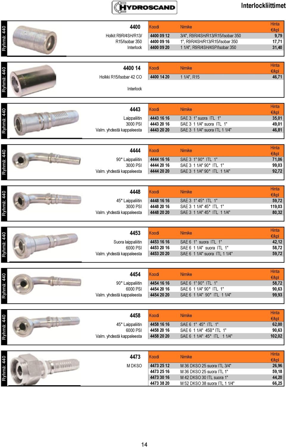 Interlock 4443 Koodi Nimike Laippaliitin 4443 16 16 SAE 3 1" suora ITL 1" 35,01 3000 PSI 4443 20 16 SAE 3 1 1/4" suora ITL 1" 49,01 Valm.