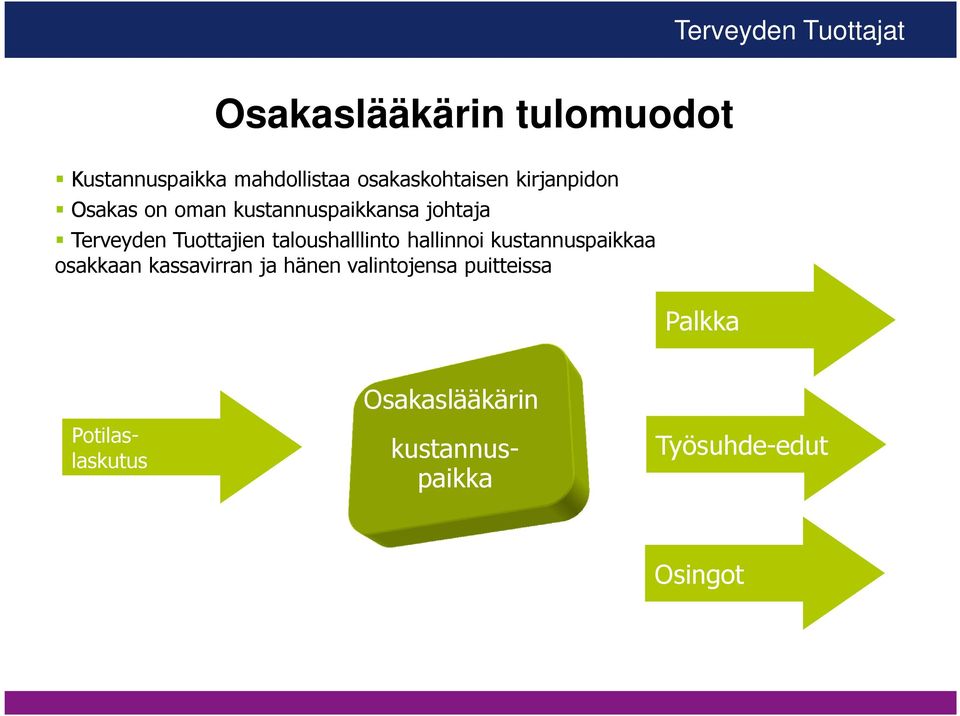 taloushalllinto hallinnoi kustannuspaikkaa osakkaan kassavirran ja hänen