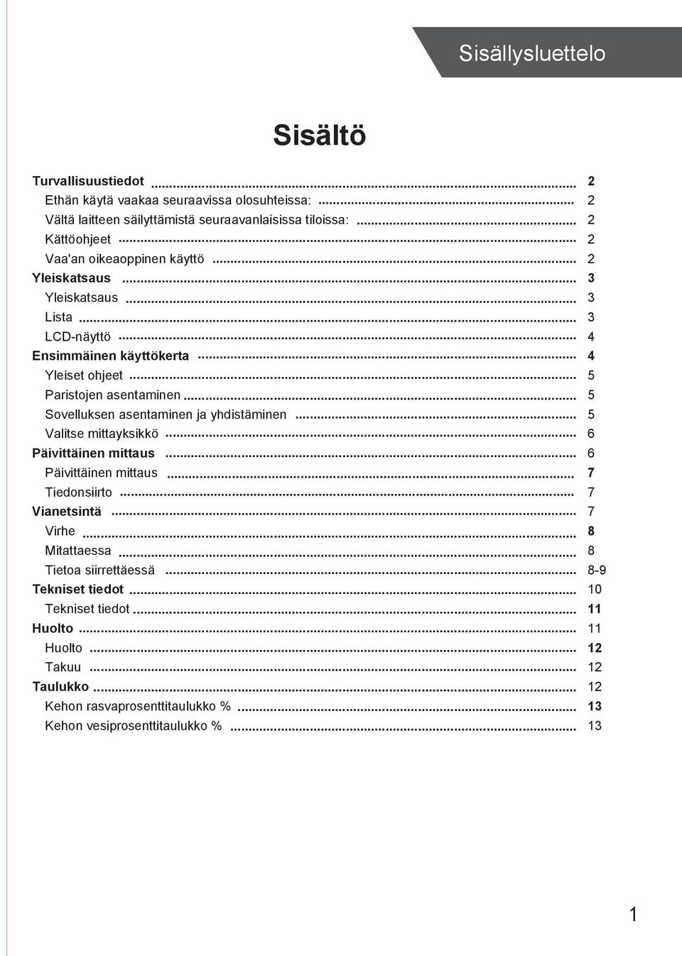 .. 5 5 Sovelluksen asentaminen ja yhdistäminen... 5 Valitse mittayksikkö... 6 Päivittäinen mittaus... 6 Päivittäinen mittaus... 7 Tiedonsiirto... 7 Vianetsintä... 7 Virhe... Mitattaessa.