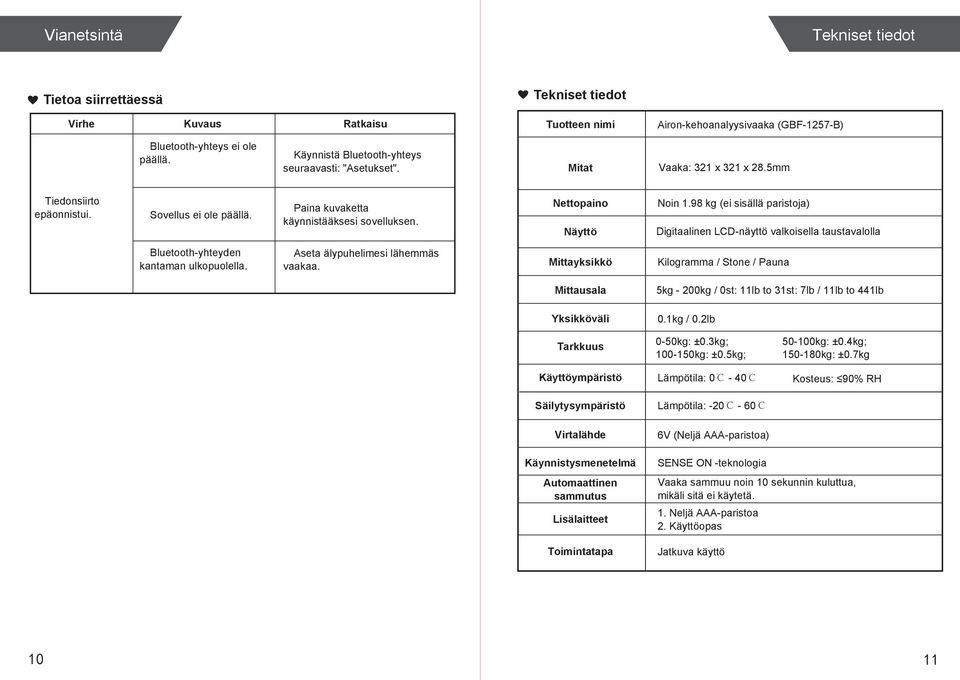 Nettopaino Näyttö Noin 1.98 kg (ei sisällä paristoja) Digitaalinen LCD-näyttö valkoisella taustavalolla Bluetooth-yhteyden kantaman ulkopuolella. Aseta älypuhelimesi lähemmäs vaakaa.