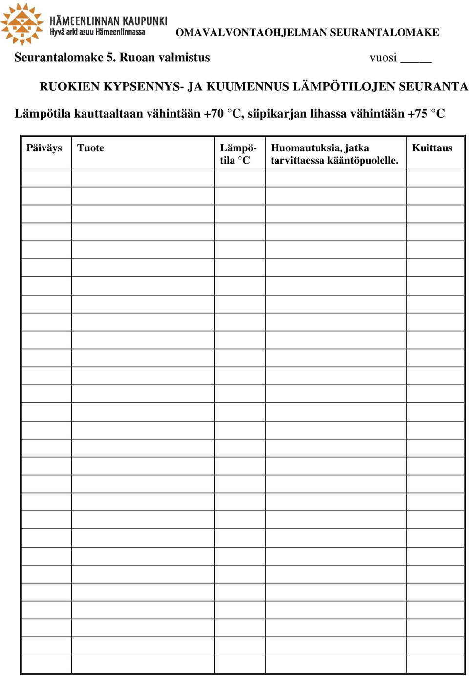 LÄMPÖTILOJEN SEURANTA Lämpötila kauttaaltaan vähintään