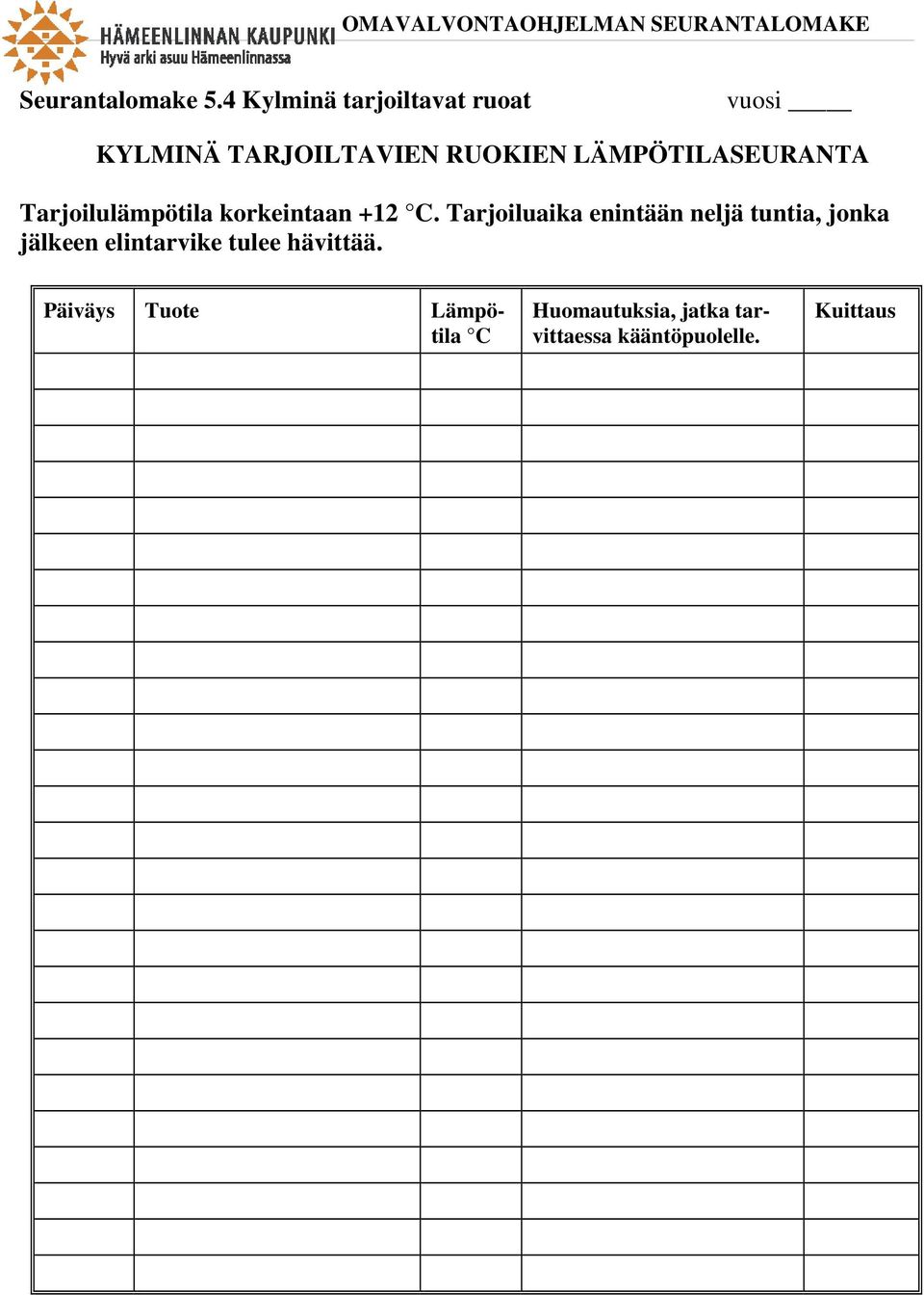 LÄMPÖTILASEURANTA Tarjoilulämpötila korkeintaan +12.