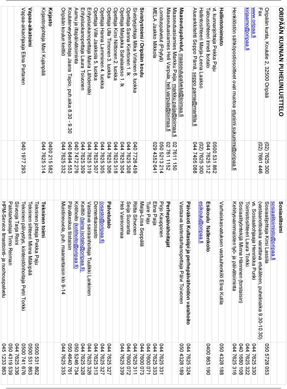 fi Toimistosihteeri Laura Torkki 044 7625 322 Sosiaalityöntekijä Minna Hänninen (torstaisin) 040 1680 108 Henkilöstön sähköpostiosoitteet ovat muotoa etunimi.sukunimi@oripaa.