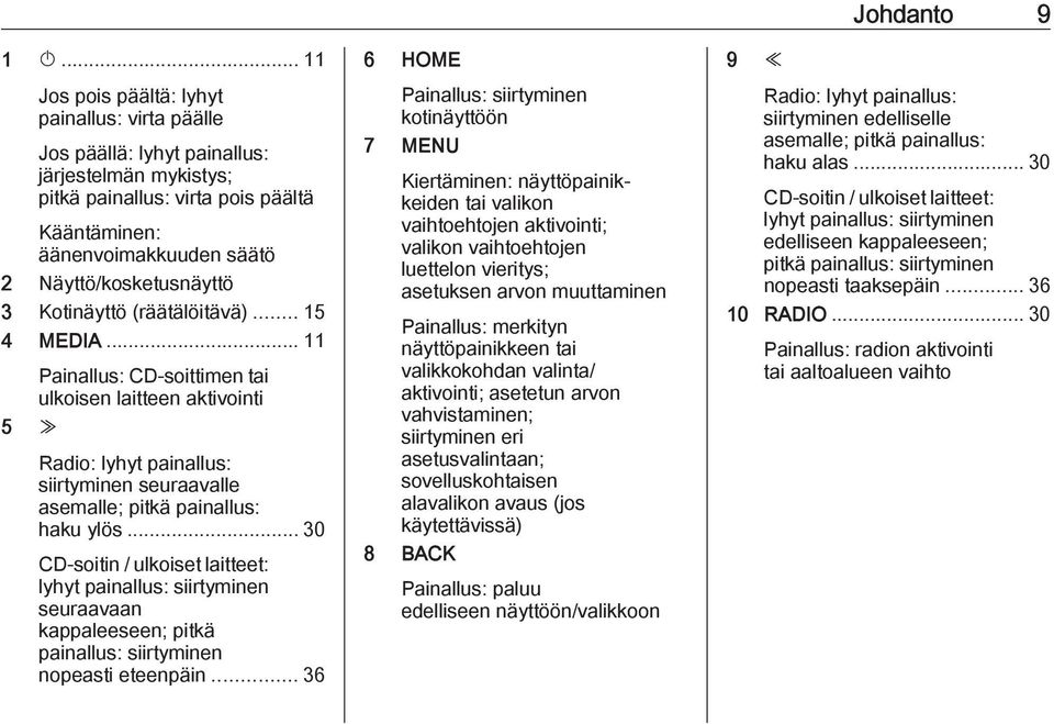 .. 11 Painallus: CD-soittimen tai ulkoisen laitteen aktivointi 5 Z Radio: lyhyt painallus: siirtyminen seuraavalle asemalle; pitkä painallus: haku ylös.