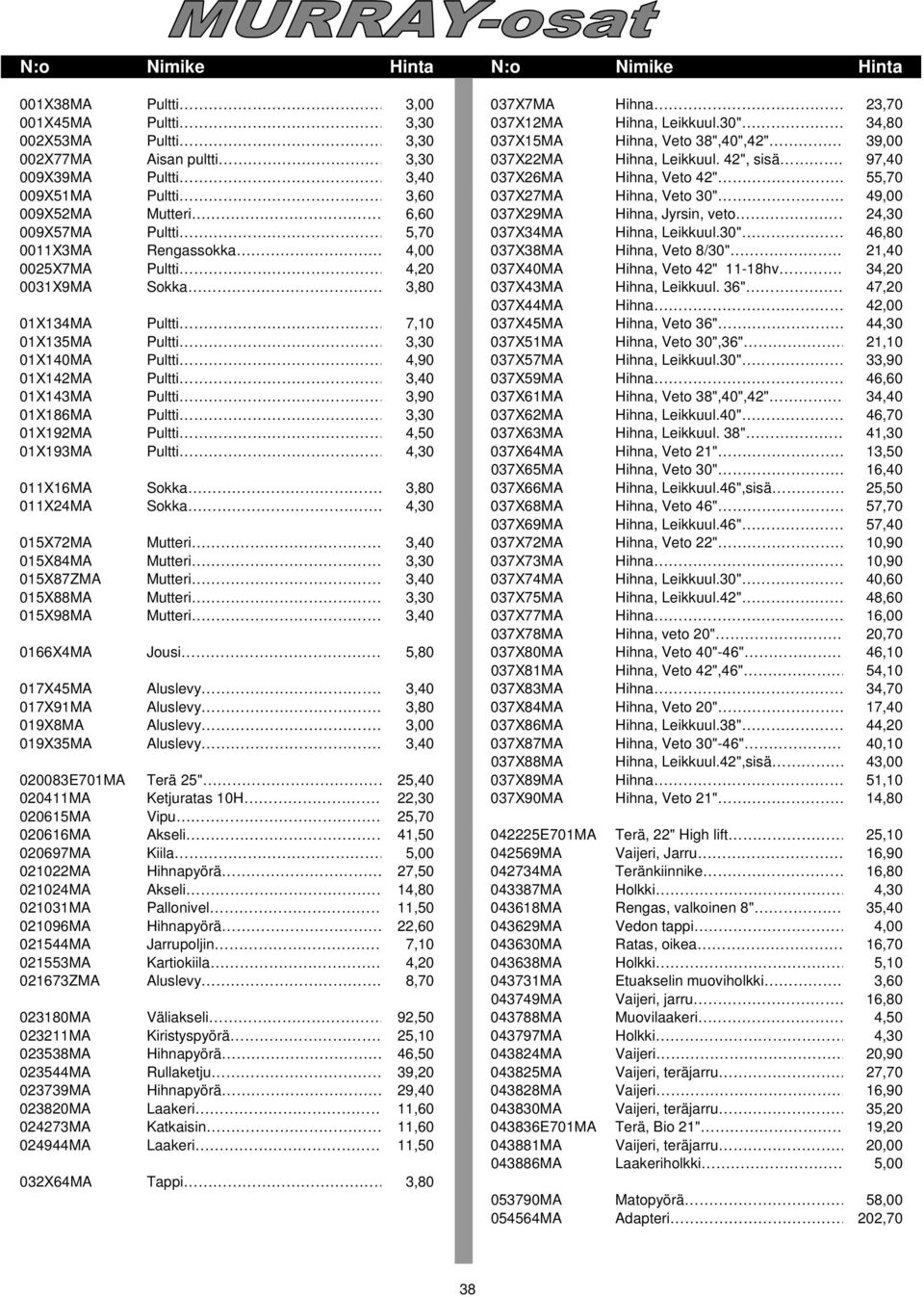 023180MA 023211MA 023538MA 023544MA 023739MA 023820MA 024273MA 024944MA 032X64MA Pultti. 037X7MA Hihna 23,70 Pultti 3,30 037X12MA Hihna, Leikkuul.