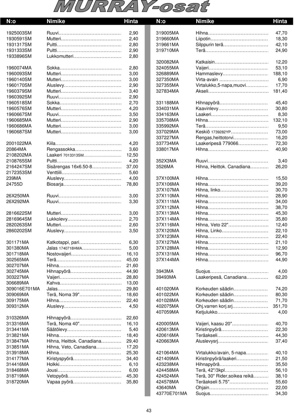 309175MA 309312MA 310326MA 313316MA 313441MA 313821MA 313847MA 313851MA 313918MA 314177MA 314416MA 318468MA 318719MA 318720MA Ruuvi.. 319005MA Hihna 47,70 Mutteri.