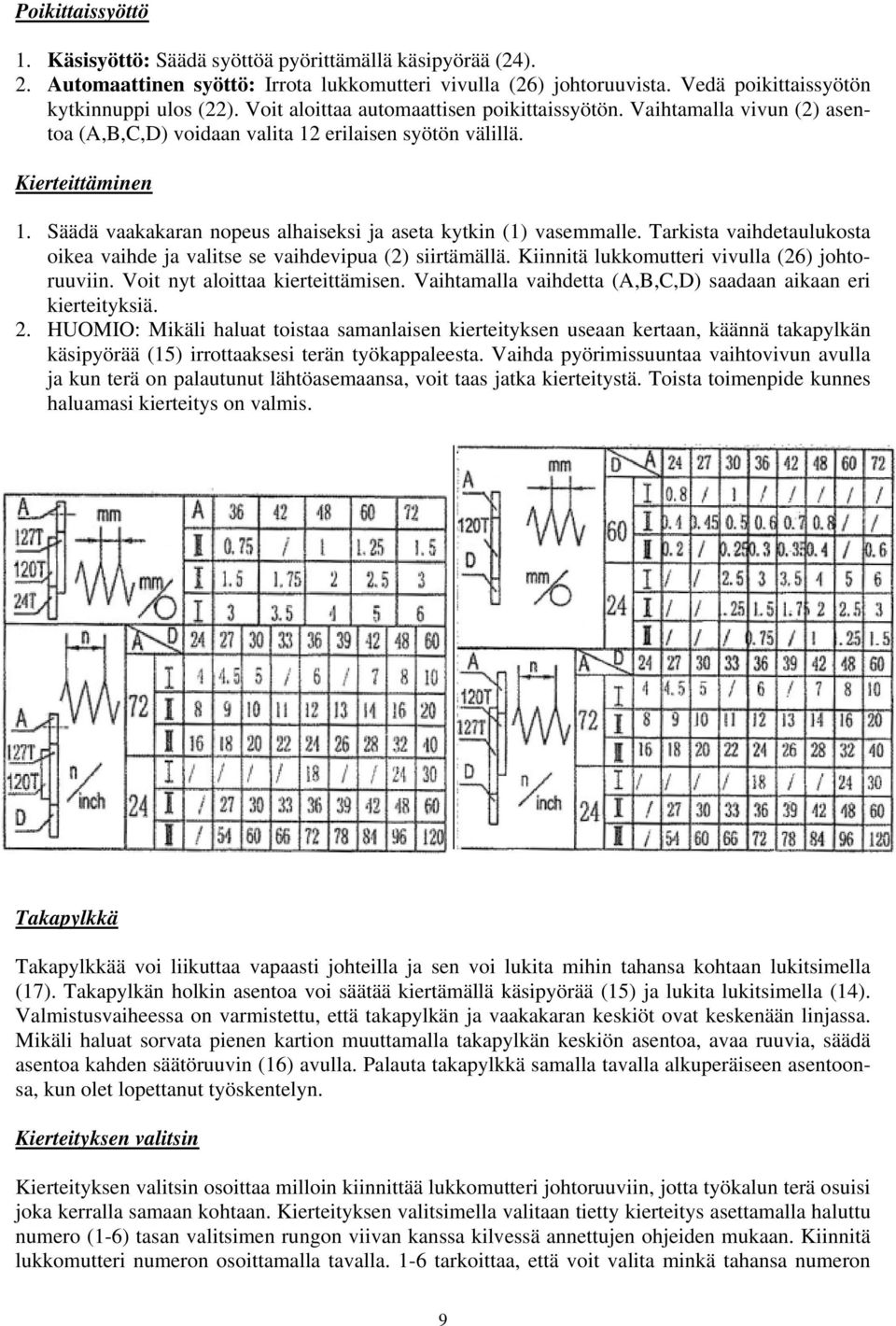 Säädä vaakakaran nopeus alhaiseksi ja aseta kytkin (1) vasemmalle. Tarkista vaihdetaulukosta oikea vaihde ja valitse se vaihdevipua (2) siirtämällä. Kiinnitä lukkomutteri vivulla (26) johtoruuviin.