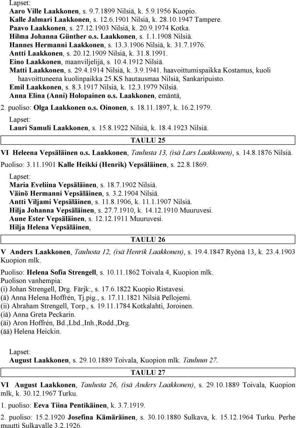 Eino Laakkonen, maanviljelijä, s. 10.4.1912 Nilsiä. Matti Laakkonen, s. 29.4.1914 Nilsiä, k. 3.9.1941. haavoittumispaikka Kostamus, kuoli haavoittuneena kuolinpaikka 25.