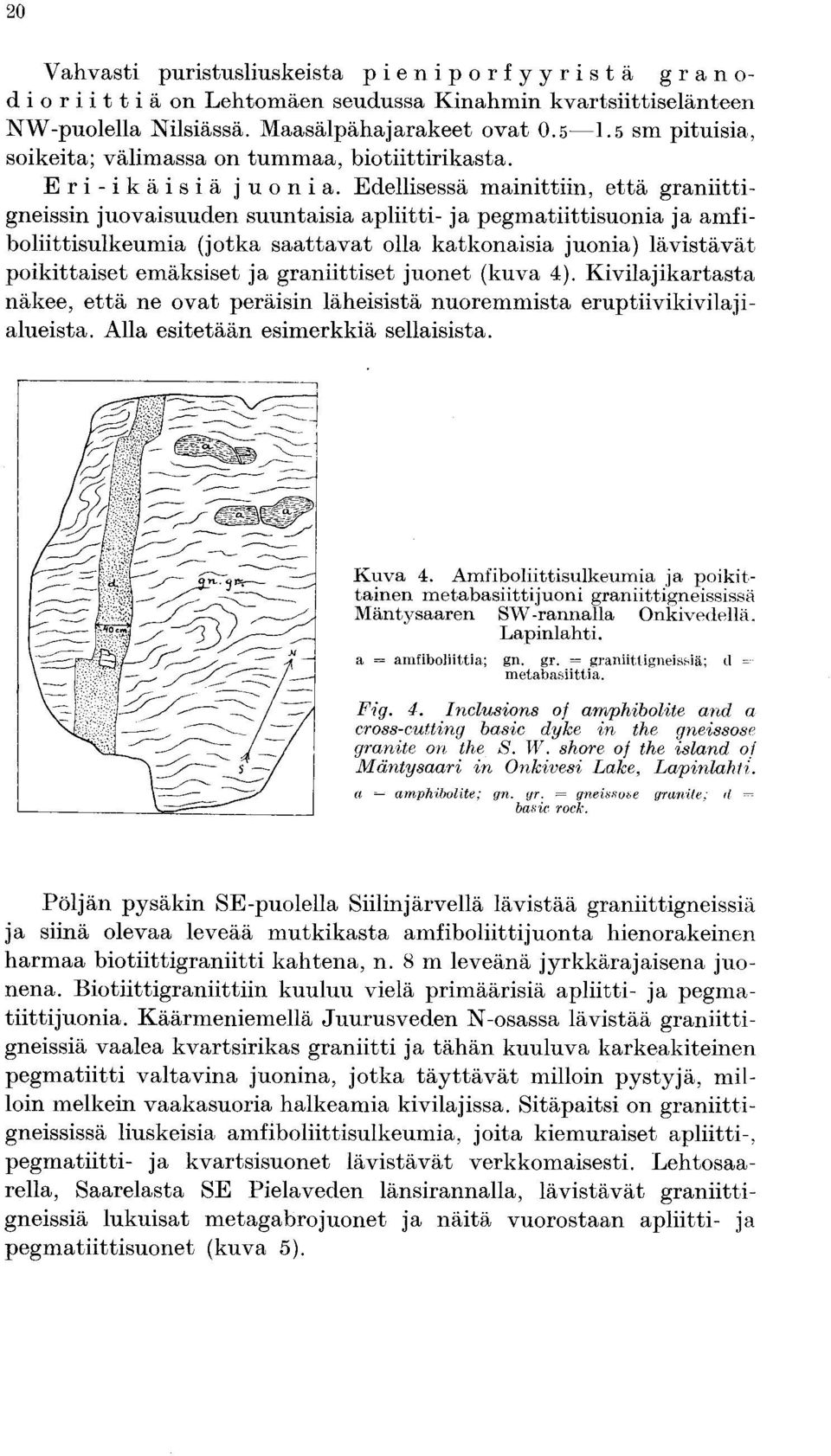 Edellisessä mainittiin, että graniittigneissin juovaisuuden suuntaisia apliitti- ja pegmatiittisuonia ja amfiboliittisulkeumia (jotka saattavat olla katkonaisia juonia) lävistävät poikittaiset