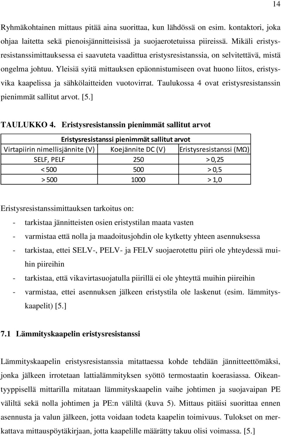 Yleisiä syitä mittauksen epäonnistumiseen ovat huono liitos, eristysvika kaapelissa ja sähkölaitteiden vuotovirrat. Taulukossa 4 ovat eristysresistanssin pienimmät sallitut arvot. [5.] TAULUKKO 4.