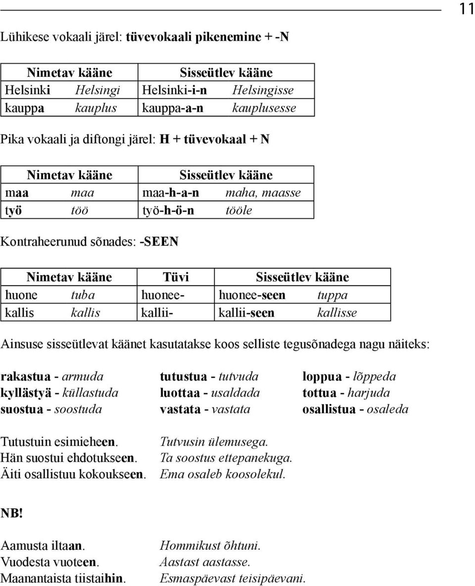 huonee-seen tuppa kallis kallis kallii- kallii-seen kallisse Ainsuse sisseütlevat käänet kasutatakse koos selliste tegusõnadega nagu näiteks: rakastua - armuda tutustua - tutvuda loppua - lõppeda