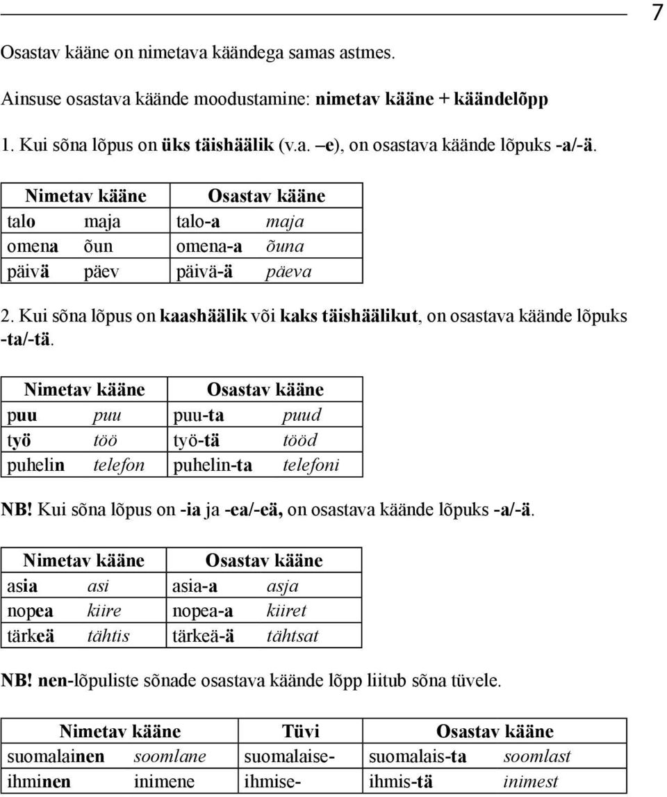 Nimetav kääne Osastav kääne puu puu puu-ta puud työ töö työ-tä tööd puhelin telefon puhelin-ta telefoni NB! Kui sõna lõpus on -ia ja -ea/-eä, on osastava käände lõpuks -a/-ä.