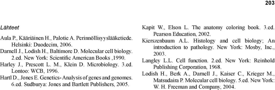 , Elson L. The anatomy coloring book. 3.ed. Pearson Education, 2002. Kierszenbaum A.L. Histology and cell biology; An introduction to pathology. New York: Mosby, Inc., 2003. Langley L.L. Cell function.