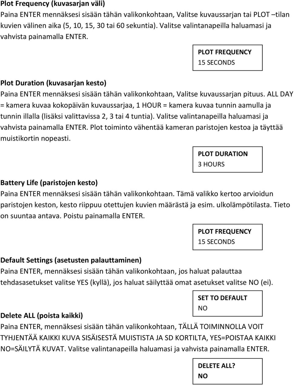 PLOT FREQUENCY 15 SECONDS Plot Duration (kuvasarjan kesto) Paina ENTER mennäksesi sisään tähän valikonkohtaan, Valitse kuvaussarjan pituus.