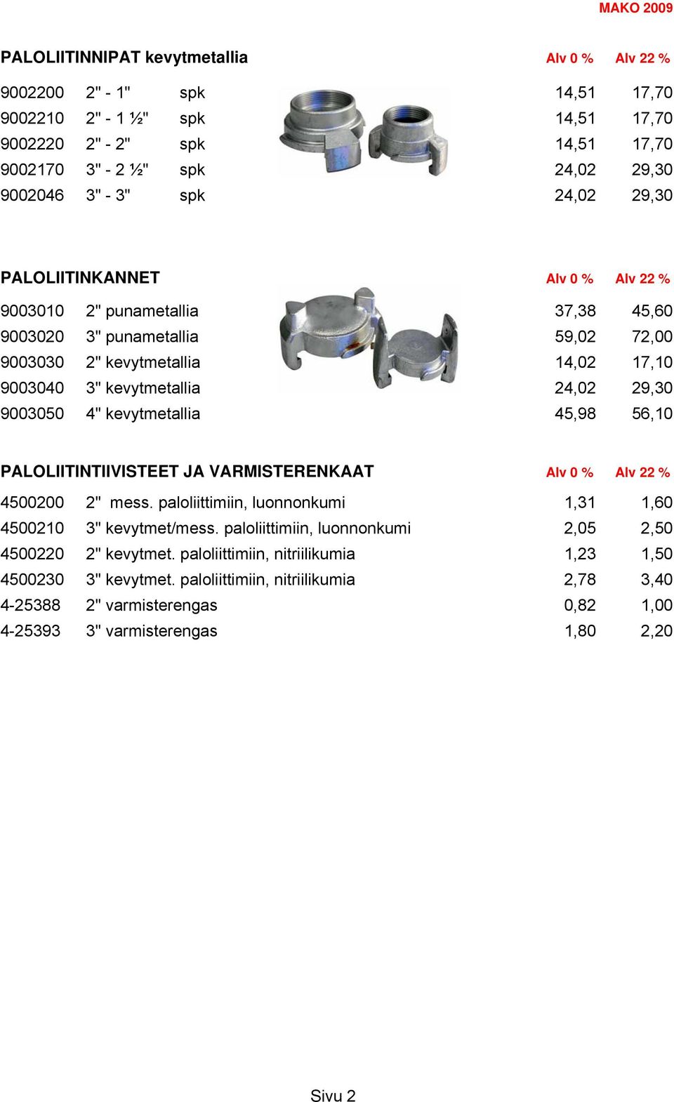 4" kevytmetallia 45,98 56,10 PALOLIITINTIIVISTEET JA VARMISTERENKAAT Alv 0 % Alv 22 % 4500200 2" mess. paloliittimiin, luonnonkumi 1,31 1,60 4500210 3" kevytmet/mess.