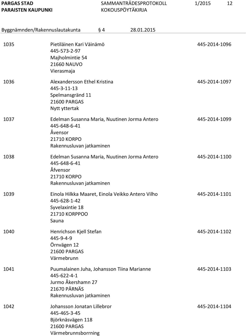 Einola Hilkka Maaret, Einola Veikko Antero Vilho 445-628-1-42 Syvelaxintie 18 21710 KORPPOO Sauna 1040 Henrichson Kjell Stefan 445-9-4-9 Örnvägen 12 Värmebrunn 1041 Puumalainen Juha, Johansson Tiina