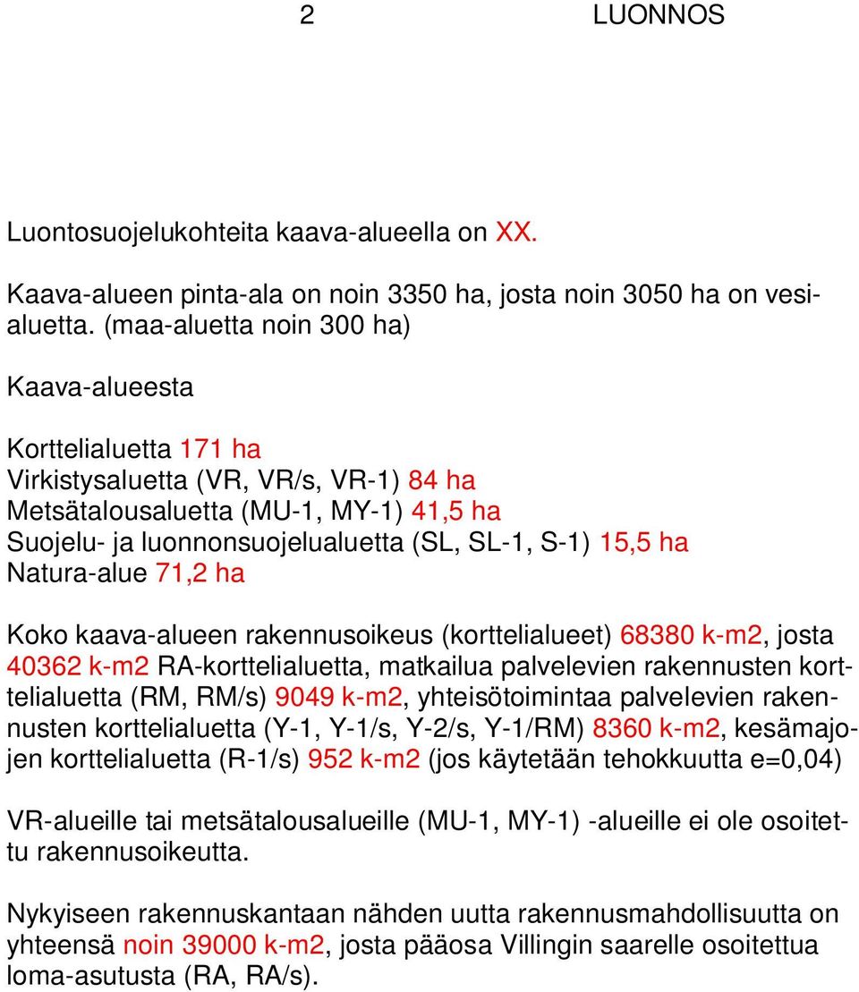 ha Natura-alue 71,2 ha Koko kaava-alueen rakennusoikeus (korttelialueet) 68380 k-m2, josta 40362 k-m2 RA-korttelialuetta, matkailua palvelevien rakennusten korttelialuetta (RM, RM/s) 9049 k-m2,