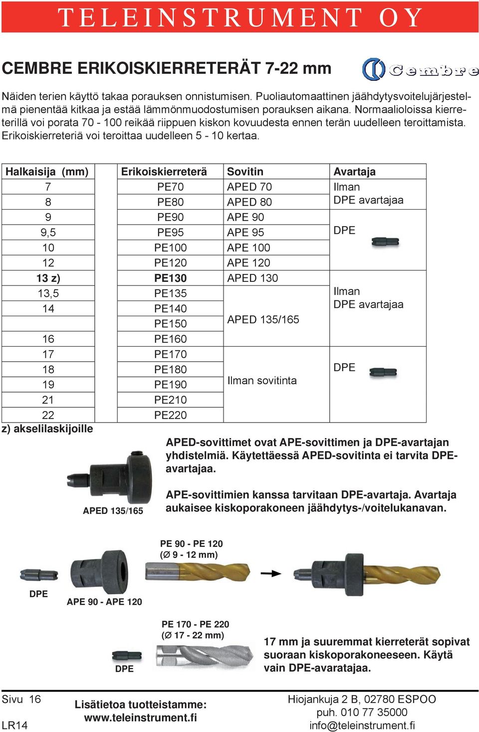 Halkaisija (mm) Erikoiskierreterä Sovitin Avartaja 7 PE70 APED 70 Ilman 8 PE80 APED 80 DPE avartajaa 9 PE90 APE 90 9,5 PE95 APE 95 DPE 10 PE100 APE 100 12 PE120 APE 120 13 z) PE130 APED 130 13,5