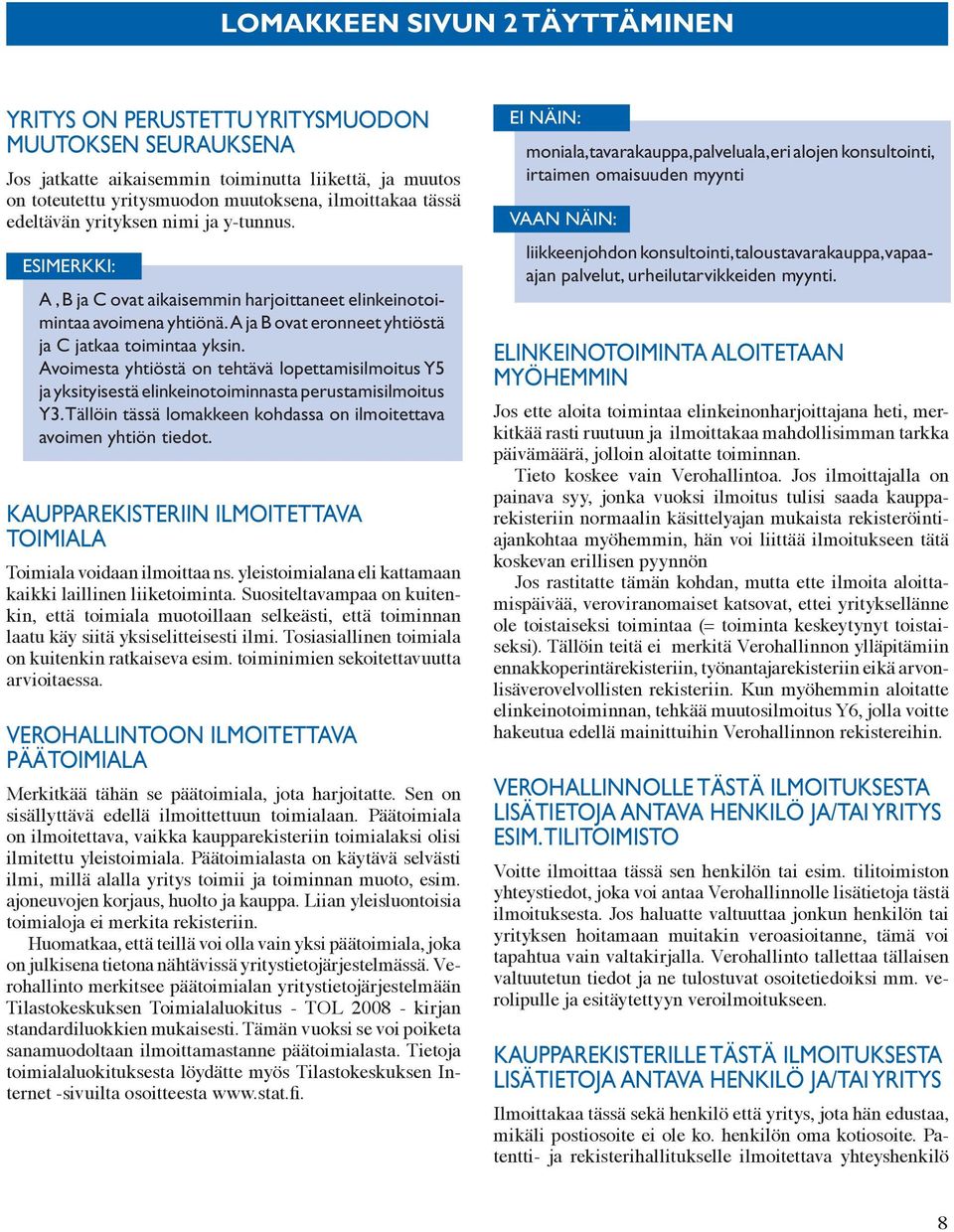 Avoimesta yhtiöstä on tehtävä lopettamisilmoitus Y5 ja yksityisestä elinkeinotoiminnasta perustamisilmoitus Y3. Tällöin tässä lomakkeen kohdassa on ilmoitettava avoimen yhtiön tiedot.