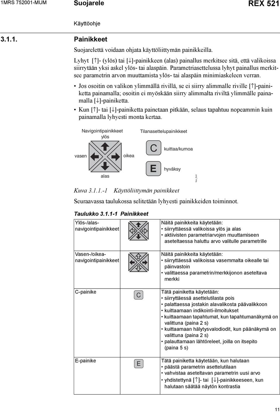 Parametriasettelussa lyhyt painallus merkitsee parametrin arvon muuttamista ylös- tai alaspäin minimiaskeleen verran.