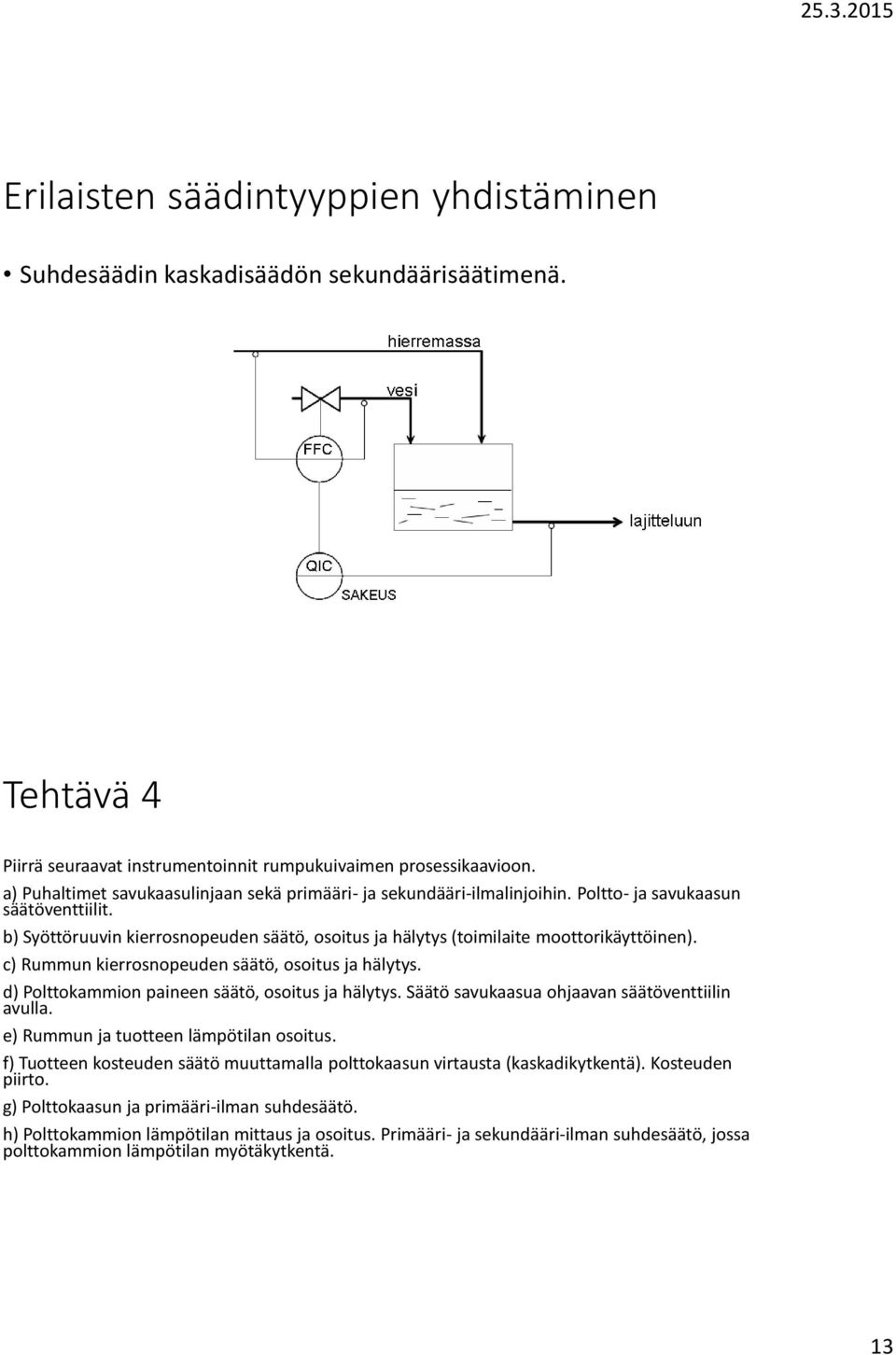 b) Syöttöruuvin kierrosnopeuden säätö, osoitus ja hälytys (toimilaite moottorikäyttöinen). c) Rummun kierrosnopeuden säätö, osoitus ja hälytys. d) Polttokammion paineen säätö, osoitus ja hälytys.