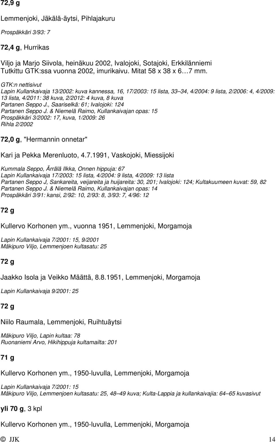 Lapin Kullankaivaja 13/2002: kuva kannessa, 16, 17/2003: 15 lista, 33 34, 4/2004: 9 lista, 2/2006: 4, 4/2009: 13 lista, 4/2011: 38 kuva, 2/2012: 4 kuva, 8 kuva Partanen Seppo J.