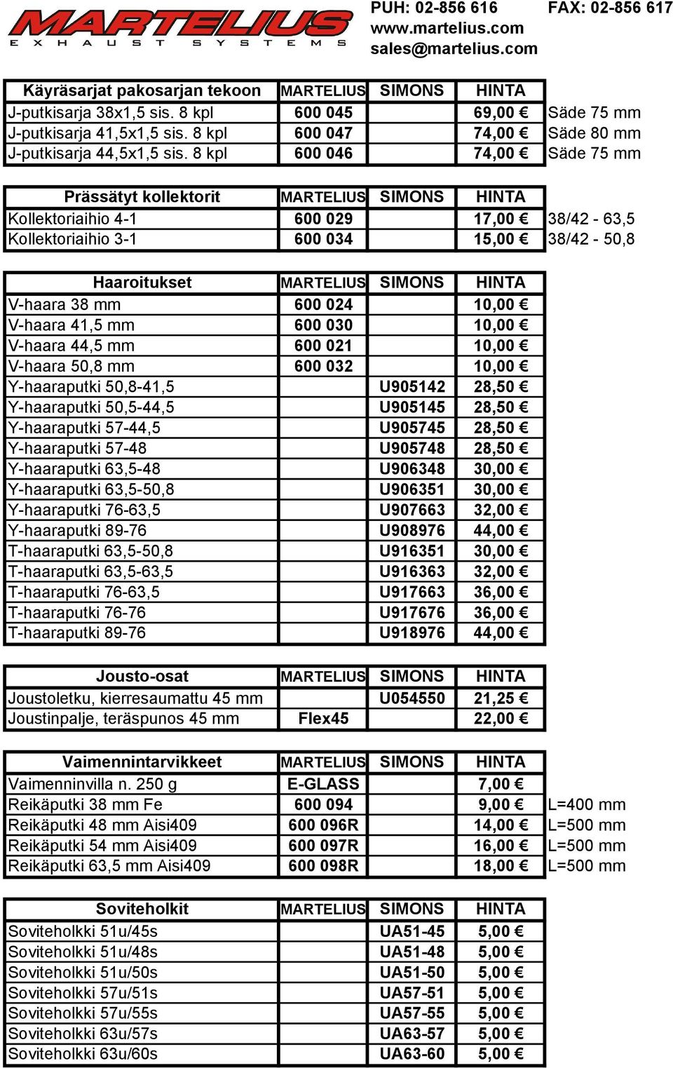 HINTA V-haara 38 mm 600 024 10,00 V-haara 41,5 mm 600 030 10,00 V-haara 44,5 mm 600 021 10,00 V-haara 50,8 mm 600 032 10,00 Y-haaraputki 50,8-41,5 U905142 28,50 Y-haaraputki 50,5-44,5 U905145 28,50