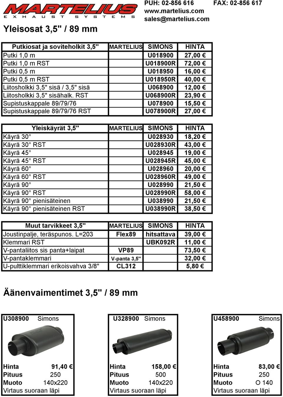 RST U068900R 23,90 Supistuskappale 89/79/76 U078900 15,50 Supistuskappale 89/79/76 RST U078900R 27,00 Yleiskäyrät 3,5" MARTELIUS SIMONS HINTA Käyrä 30 U028930 18,20 Käyrä 30 RST U028930R 43,00 Käyrä