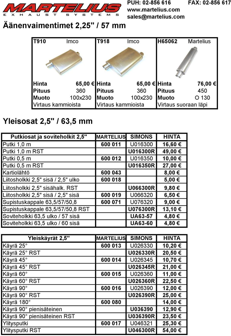 012 U016350 10,00 Putki 0,5 m RST U016350R 27,00 Kartiolähtö 600 043 8,00 Liitosholkki 2,5" sisä / 2,5" ulko 600 018 5,00 Liitosholkki 2,5" sisähalk.