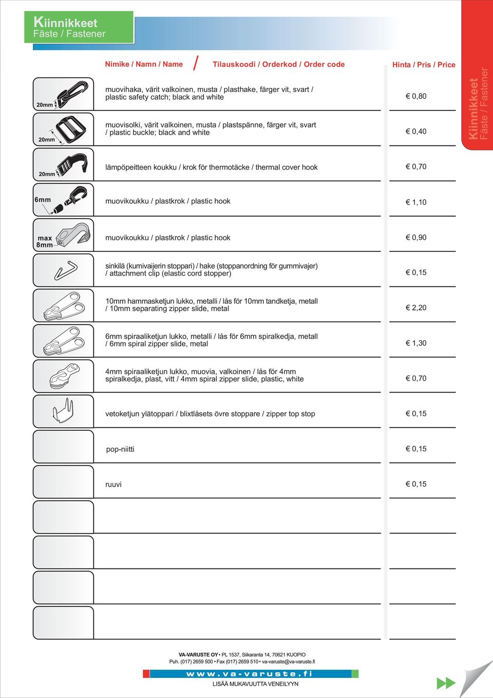 plastkrok plastic hook 0,90 sinkilä (kumivaijerin stoppari) hake (stoppanordning för gummivajer) attachment clip (elastic cord stopper) 0,15 10mm hammasketjun lukko, metalli lås för 10mm tandketja,