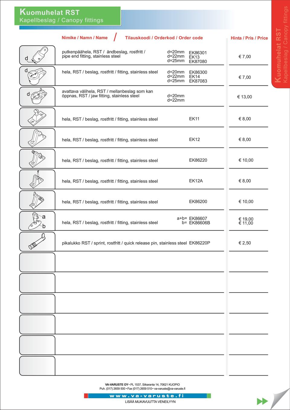 13,00 hela, RST beslag, rostfritt fitting, stainless steel EK11 8,00 hela, RST beslag, rostfritt fitting, stainless steel EK12 8,00 hela, RST beslag, rostfritt fitting, stainless steel EK86220 10,00