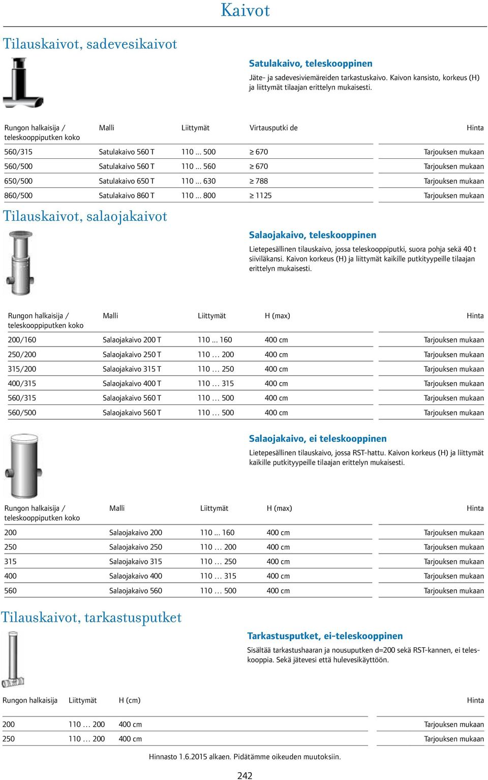 .. 630 788 860/500 Satulakaivo 860 T 110... 800 1125 Salaojakaivo, teleskooppinen Lietepesällinen tilauskaivo, jossa teleskooppiputki, suora pohja sekä 40 t siiviläkansi.