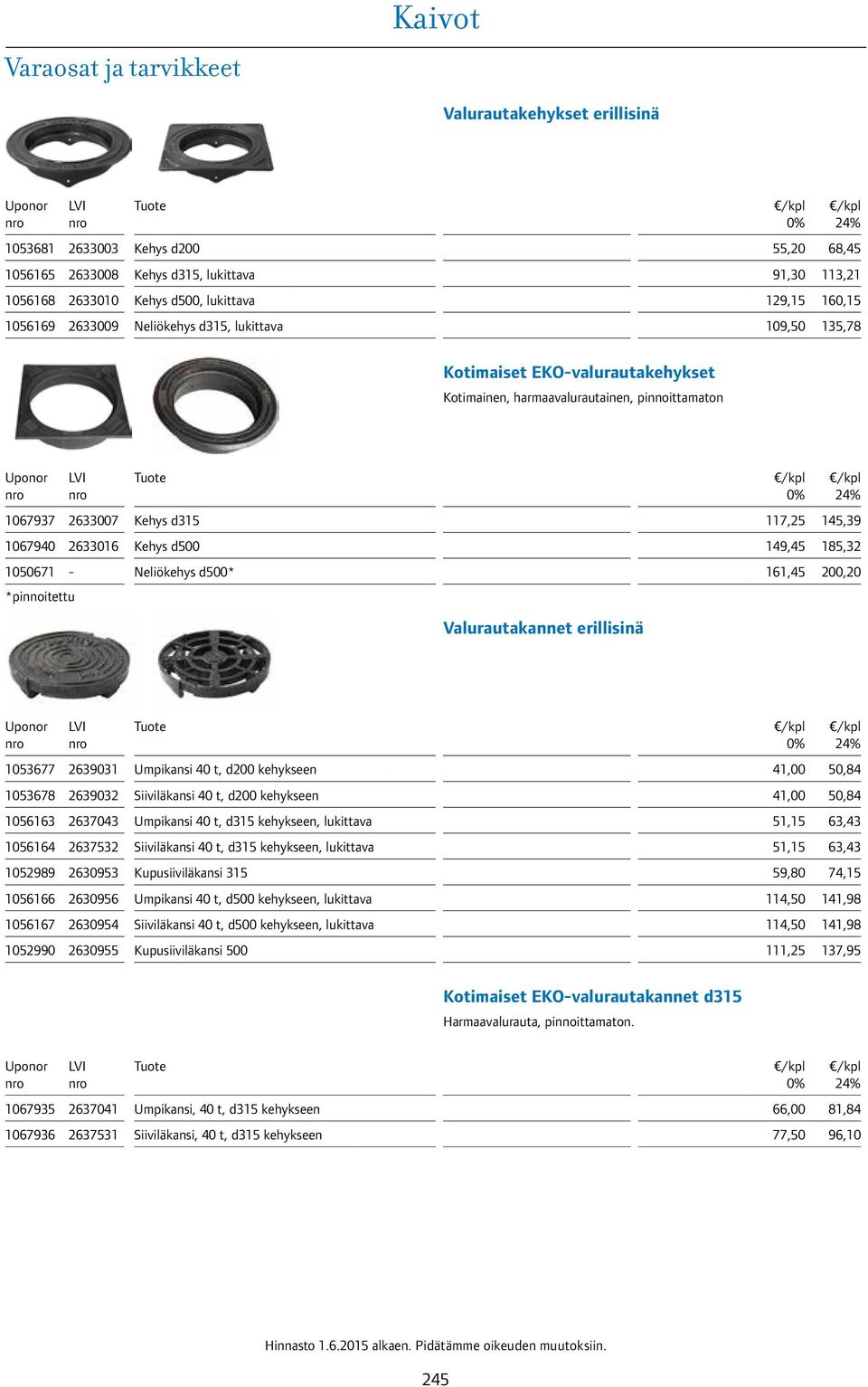 1067940 2633016 Kehys d500 149,45 185,32 1050671 - Neliökehys d500* 161,45 200,20 *pinnoitettu Valurautakannet erillisinä Tuote 1053677 2639031 Umpikansi 40 t, d200 kehykseen 41,00 50,84 1053678