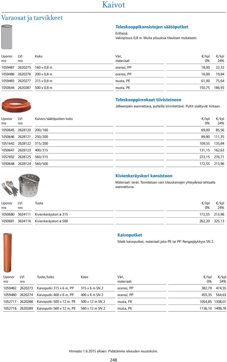 0,8 m musta, PE 150,75 186,93 Teleskooppirenkaat tiivisteineen Jälkeenpäin asennettava, pulteilla kiinnitettävä. Pultit sisältyvät hintaan.