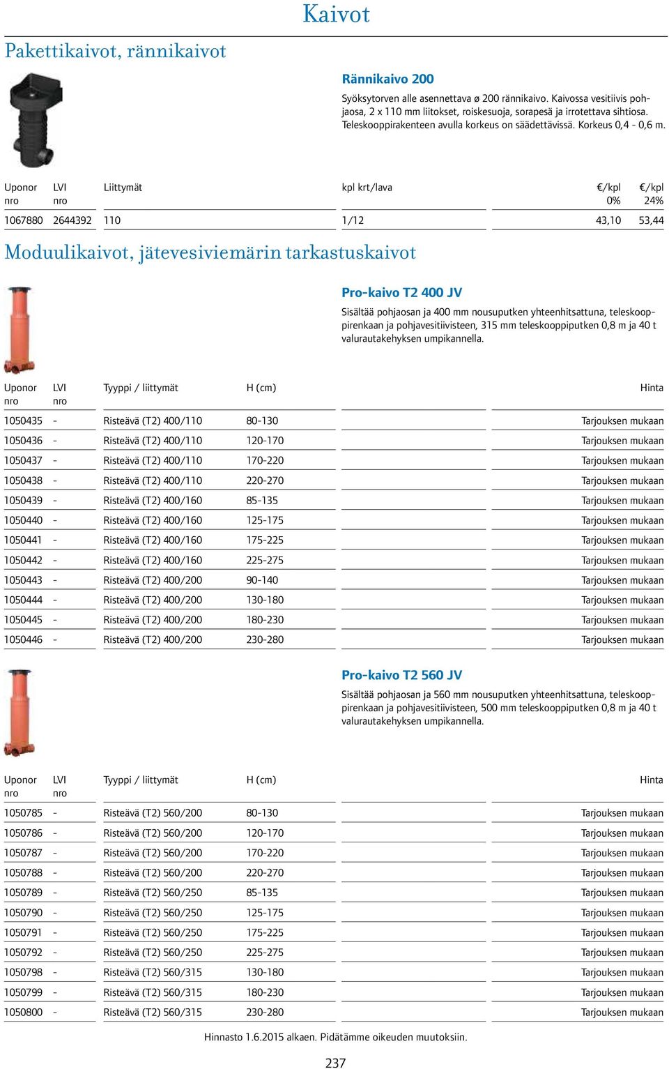 1067880 2644392 Liittymät 110 kpl krt/lava 1/12 Moduulikaivot, jätevesiviemärin tarkastuskaivot 43,10 53,44 Pro-kaivo T2 400 JV Sisältää pohjaosan ja 400 mm nousuputken yhteenhitsattuna,