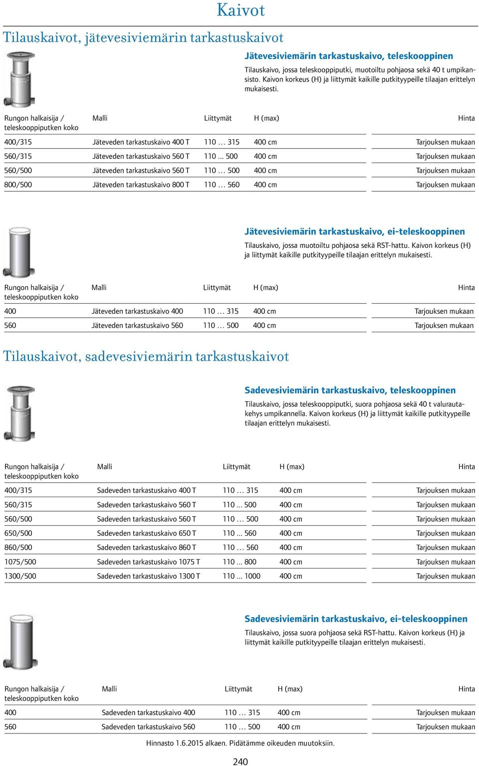 Liittymät H (max) 400/315 Jäteveden tarkastuskaivo 400 T 110 315 400 cm 560/315 Jäteveden tarkastuskaivo 560 T 110.