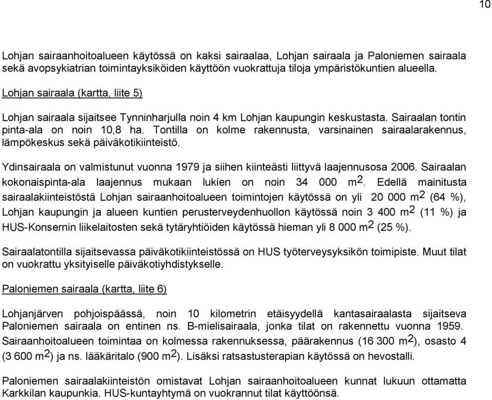 Tontilla on kolme rakennusta, varsinainen sairaalarakennus, lämpökeskus sekä päiväkotikiinteistö. Ydinsairaala on valmistunut vuonna 1979 ja siihen kiinteästi liittyvä laajennusosa 2006.