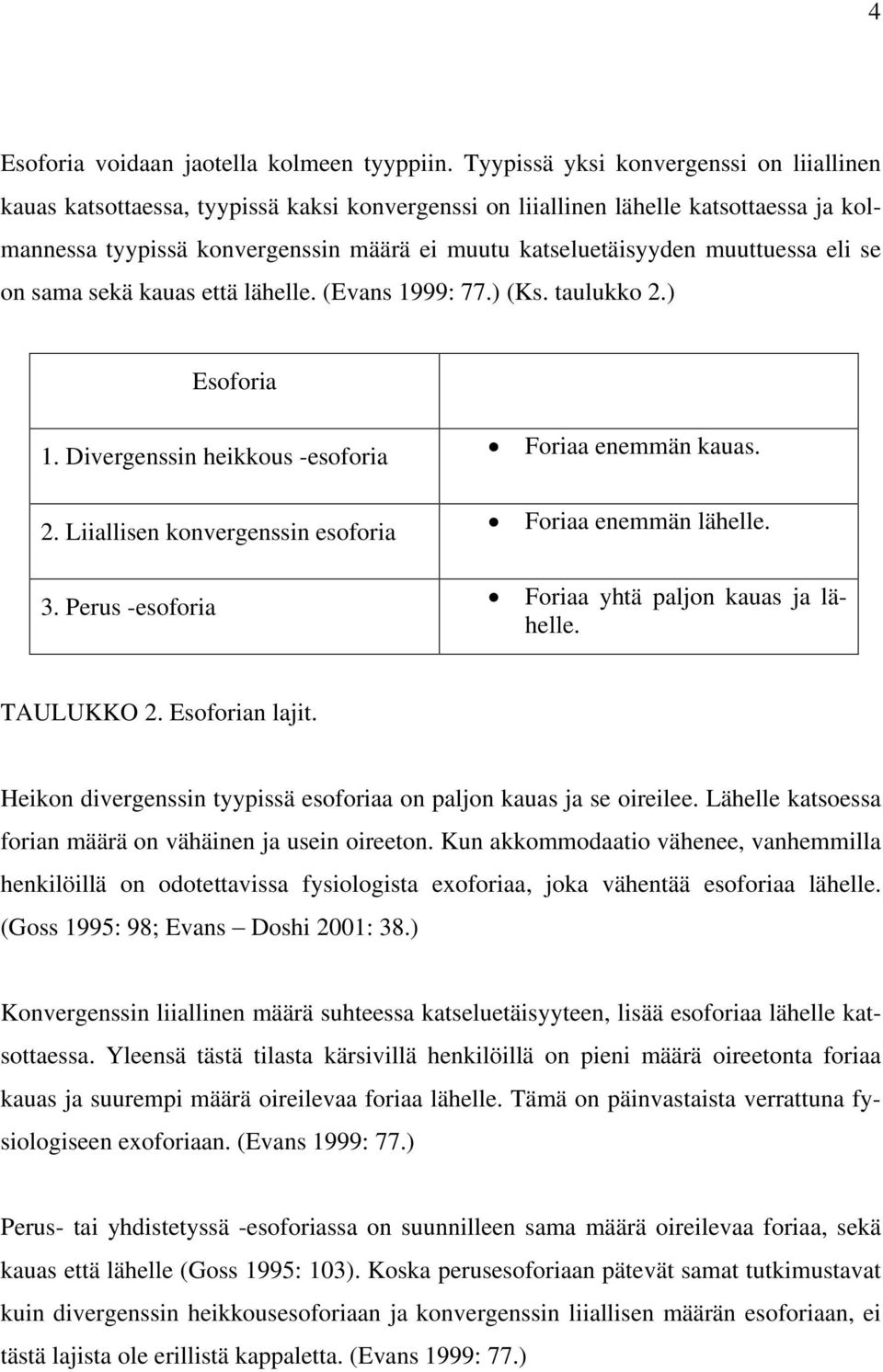 muuttuessa eli se on sama sekä kauas että lähelle. (Evans 1999: 77.) (Ks. taulukko 2.) Esoforia 1. Divergenssin heikkous -esoforia 2. Liiallisen konvergenssin esoforia 3.