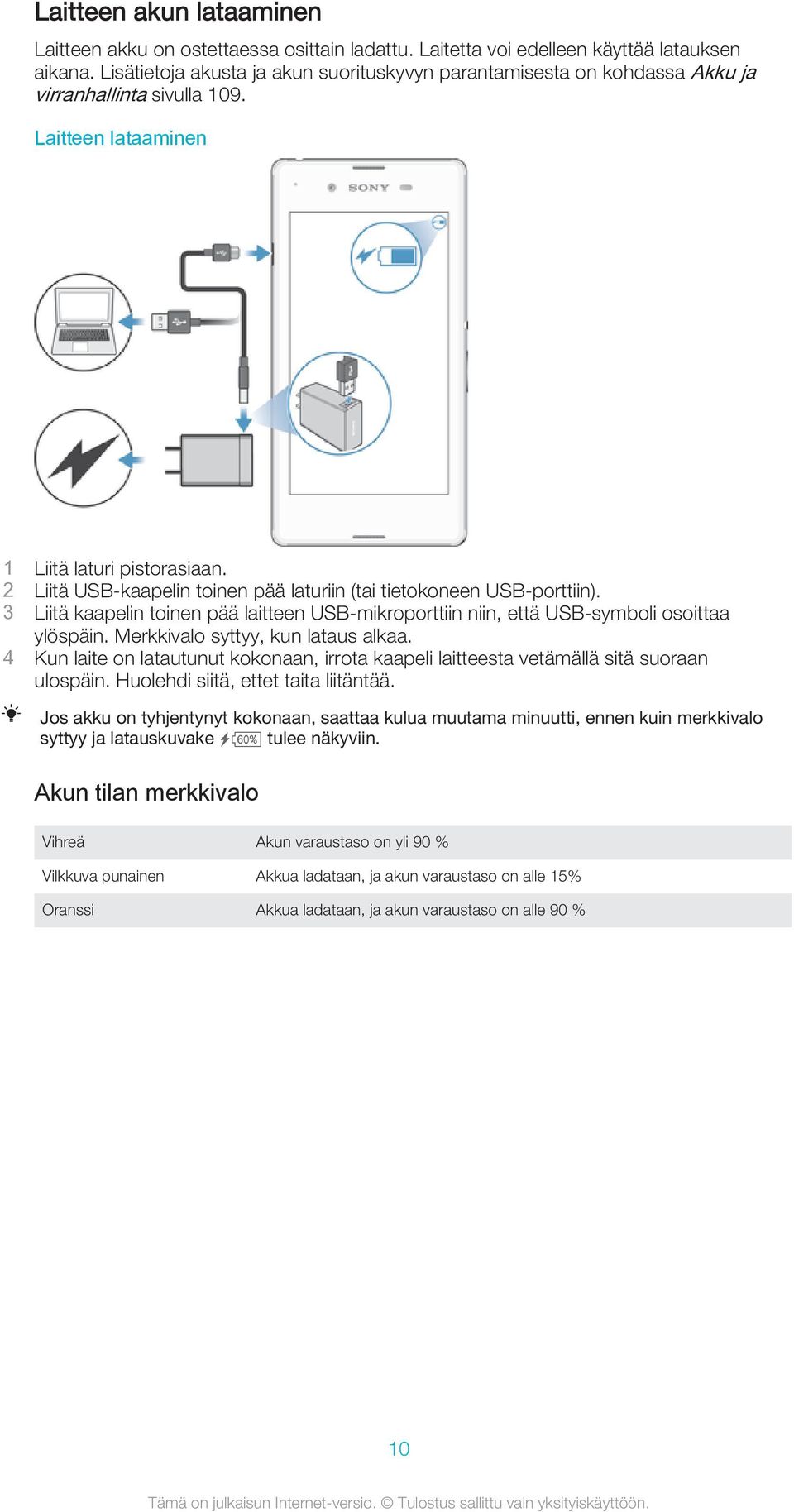 2 Liitä USB-kaapelin toinen pää laturiin (tai tietokoneen USB-porttiin). 3 Liitä kaapelin toinen pää laitteen USB-mikroporttiin niin, että USB-symboli osoittaa ylöspäin.