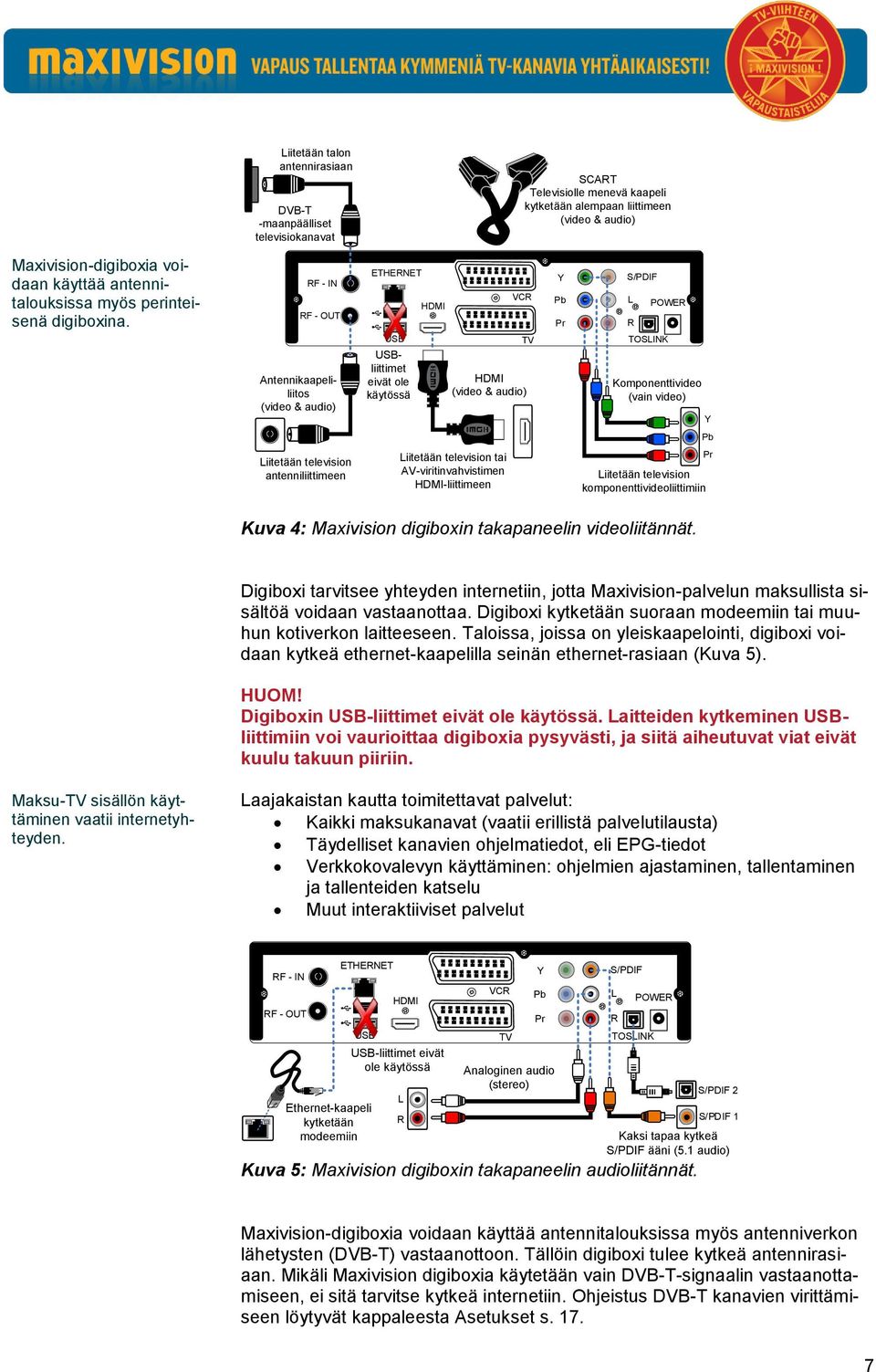 RF - IN RF - OUT Antennikaapeliliitos (video & audio) ETHERNET USB USBliittimet eivät ole käytössä HDMI VCR TV HDMI (video & audio) Y Pb Pr S/PDIF L R POWER TOSLINK Komponenttivideo (vain video) Y Pb