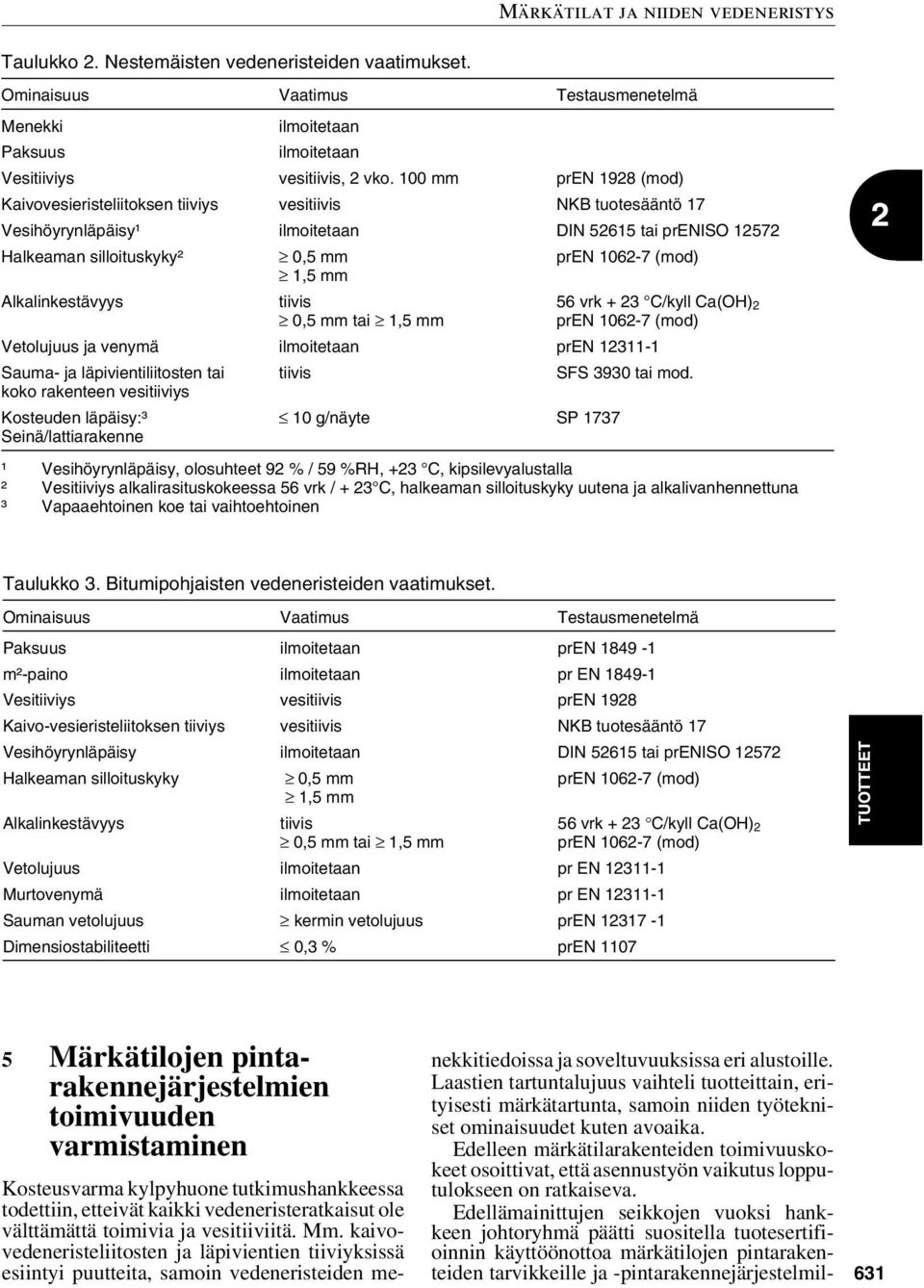 Alkalinkestävyys tiivis 0,5 mm tai 1,5 mm 56 vrk + 23 C/kyll Ca(OH) 2 Vetolujuus ja venymä ilmoitetaan pren 12311-1 Sauma- ja läpivientiliitosten tai tiivis SFS 3930 tai mod.