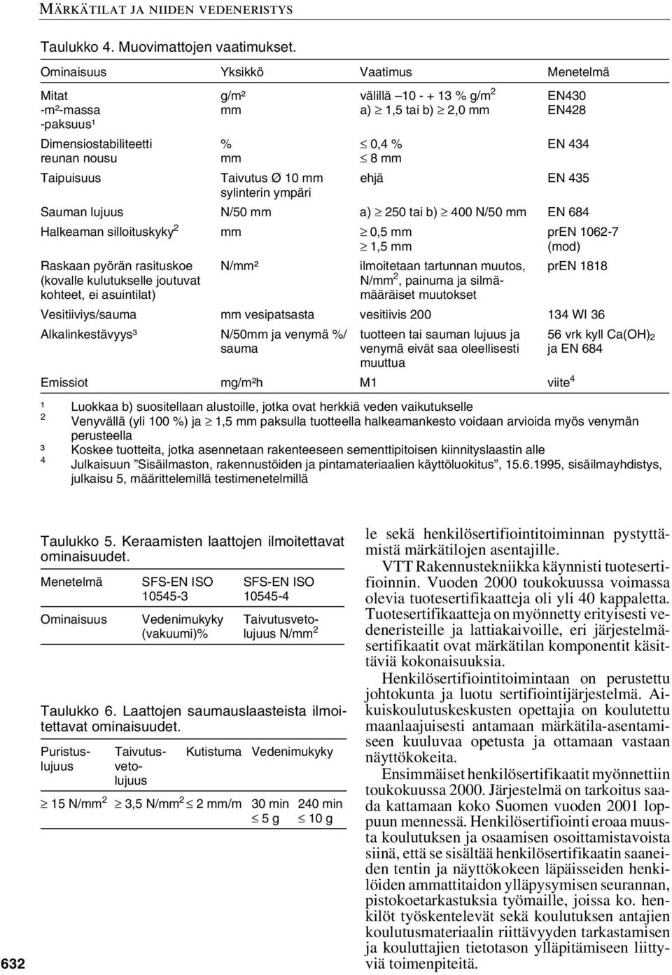 mm 0,4 % 8mm EN430 EN428 EN 434 ehjä EN 435 Sauman lujuus N/50 mm a) 250 tai b) 400 N/50 mm EN 684 Halkeaman silloituskyky 2 mm 0,5 mm 1,5 mm Raskaan pyörän rasituskoe (kovalle kulutukselle joutuvat